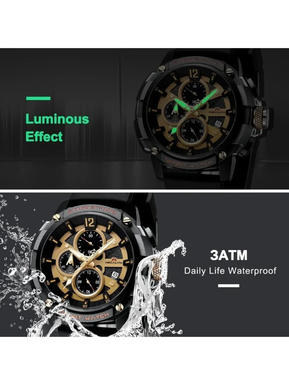 Men's Gold Analog Quartz Heavy Duty Waterproof Chronograph Luminous Wrist Watch